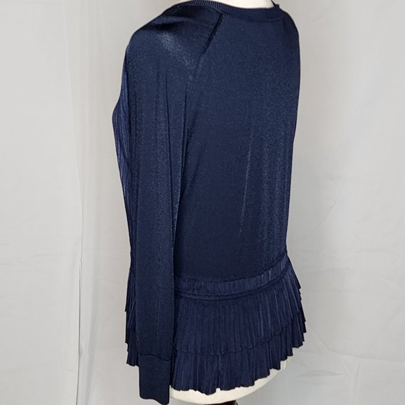 Oscar de la Renta Navy Button Front Ruffle Hem Cardigan Size: L - Picture 9 of 16